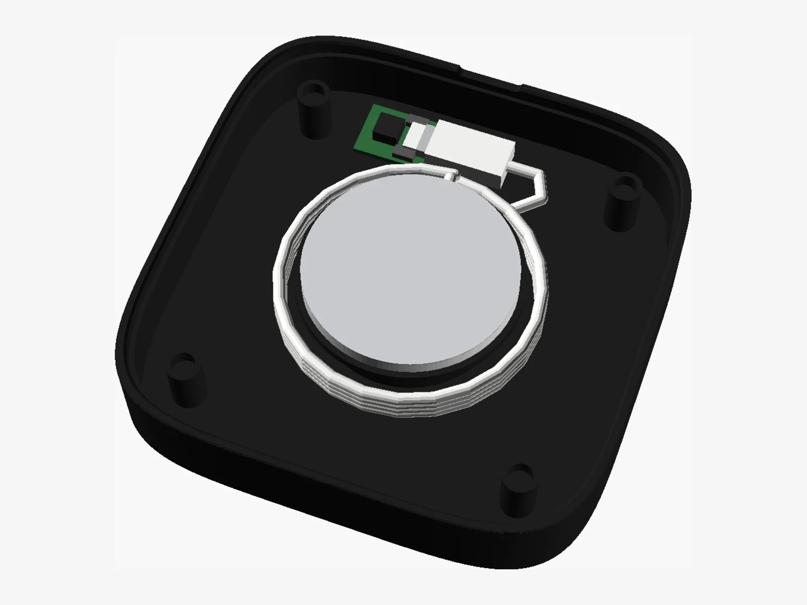 Desen din modelul 3D, cu capacul scos: puck-ul alb în inelul lui, cablul înfășurat de câteva ori în jurul lui și plăcuța verde de alimentare cu mufa USB-C, în spate, stânga.