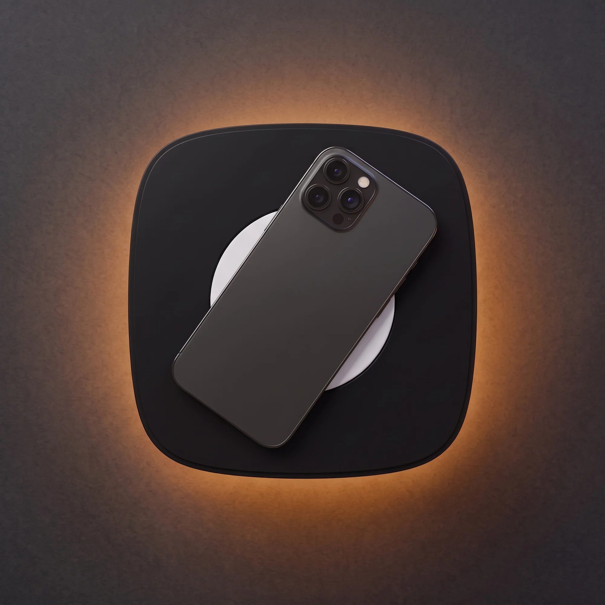 Lampa văzută de sus: pe capacul negru al modulului de încărcare stă un telefon, iar sub el se vede discul alb al încărcătorului.