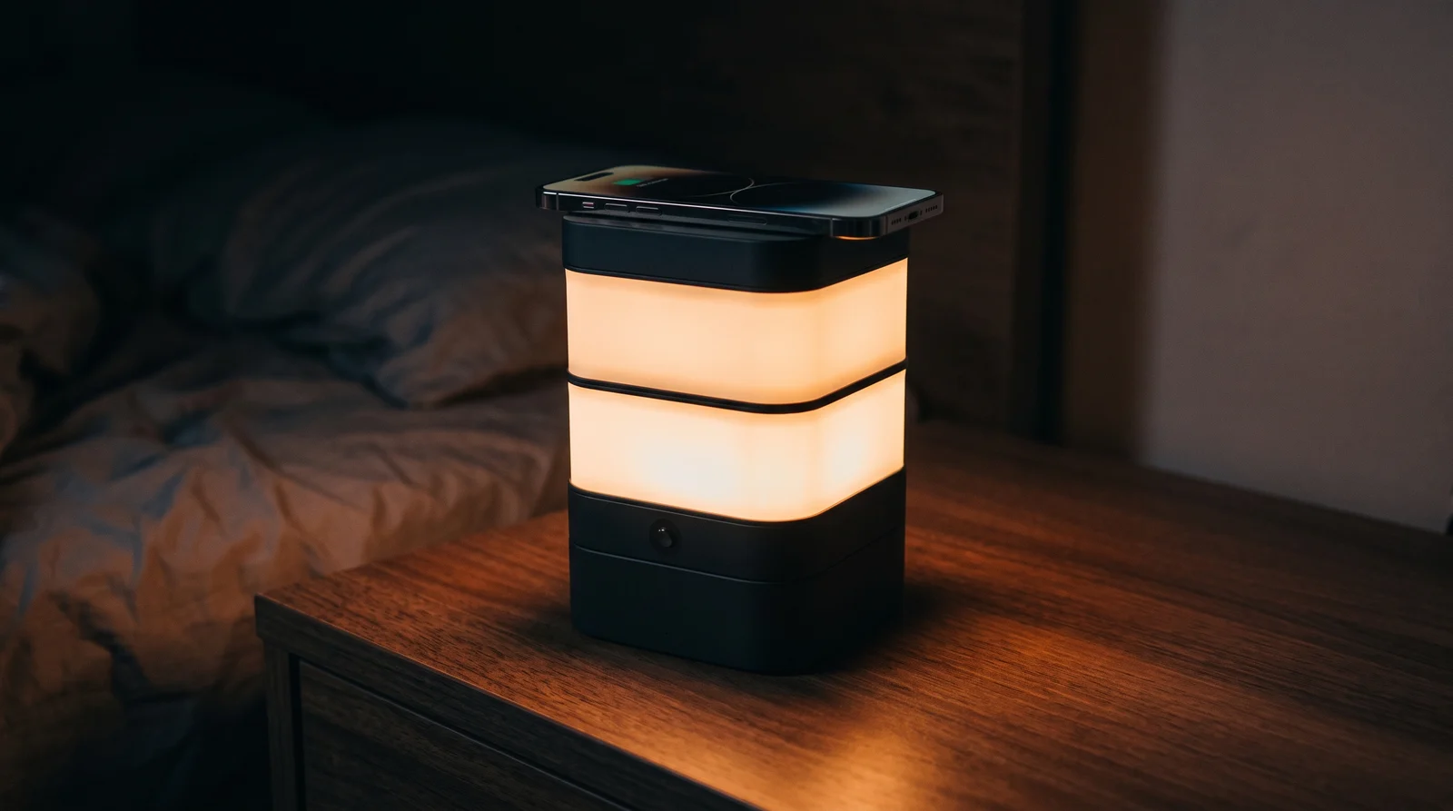 Lampa pe o noptieră de lemn, noaptea, cu două felii de lumină caldă aprinse și un telefon culcat pe modulul de încărcare de deasupra.